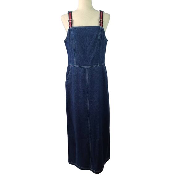 New York & Company Vintage Blue Denim Jumper Dress Maxi Midi Adjustable Straps 8 - Picture 1 of 4